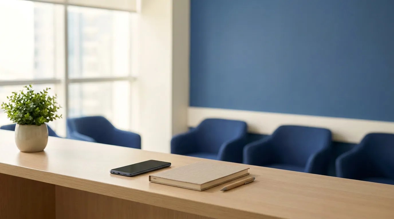 Empty clinic reception desk with a phone, closed diary, pen and plant, blue waiting chairs and blue wall behind