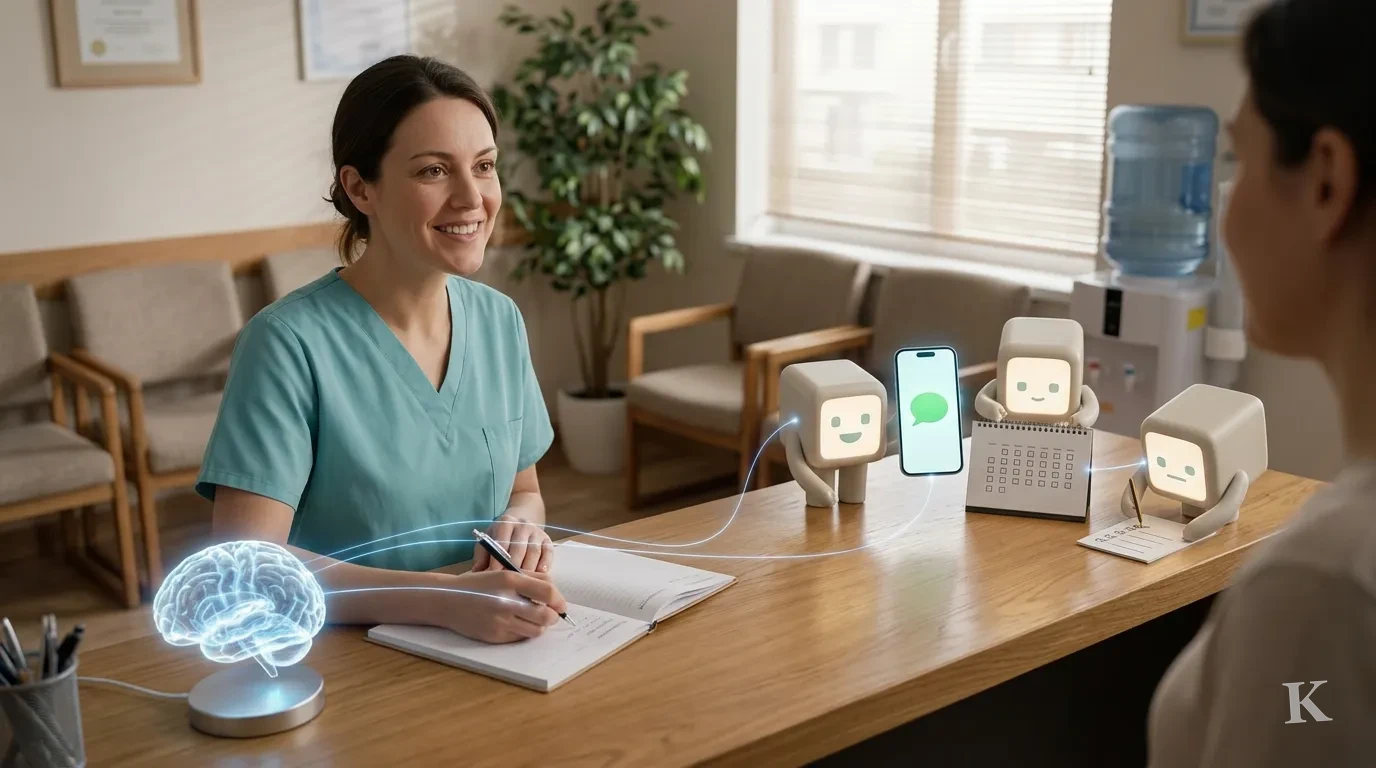 A smiling clinic receptionist writes at her desk beside three small bots and a glowing brain linked by blue light threads.