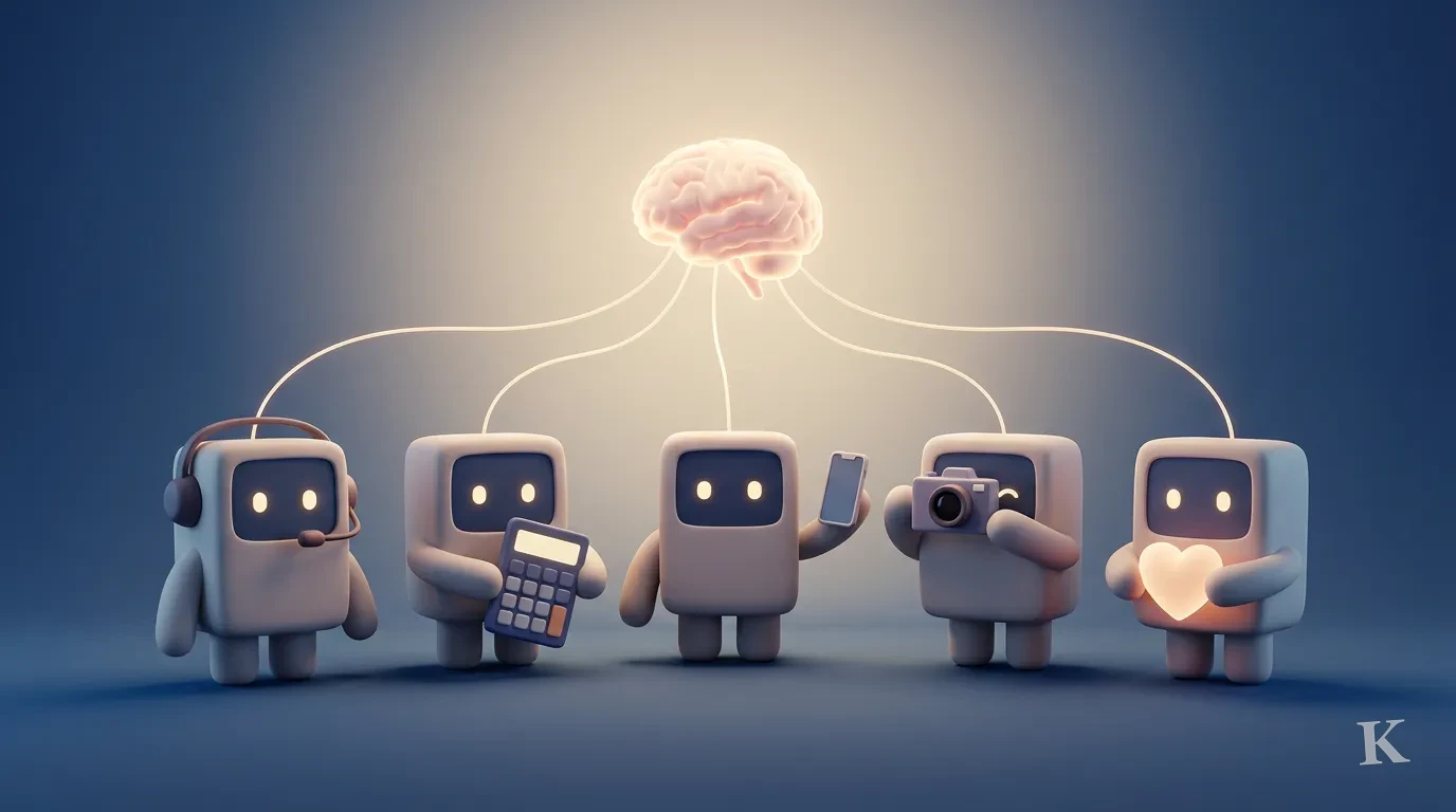 Five cute box robots with role props, linked by light threads to one glowing brain above them
