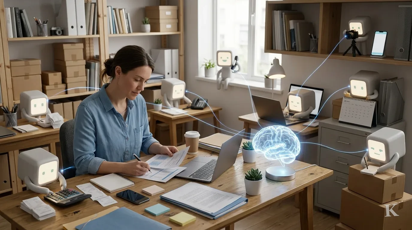 Illustration of a woman founder writing at her desk with a glowing brain beside her, while small cute box robots work on different jobs around the office, connected to the brain by light threads.